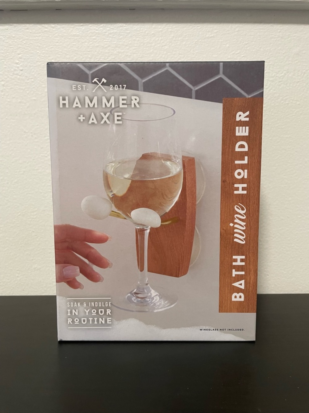 Hammer + Axe Bath Wine Glass Holder NEW Wood Marble Suction Cups Hot Tub Drink